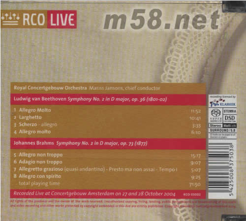 BEETHOVEN&BRAHMS 貝多芬勃拉姆斯第2交響曲現場版SACD專輯背面圖片