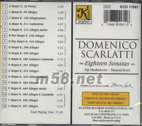 意大利作曲家鍵盤奏鳴曲DOMENICO SCARLATTI EIGHTEEN SONATAS專輯背面圖片