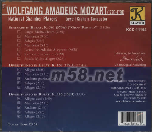 莫扎特MOZART SERENADE,K 361 DIVERTIMENTI ,K,166,186專輯背面圖片