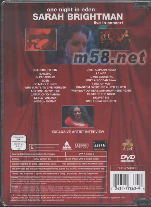 ONE NIGHT IN EDEN SARAH BRIGHTMAN LIVE IN CONCERT DVD專輯背面圖片