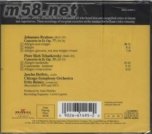BRAHMS TCHAIKOVSKY博拉姆斯 柴科夫斯基小提琴協(xié)奏曲海飛茲(LIVING STEREO 逼真立體聲系列)專輯背面圖片