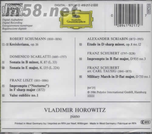 霍羅維茲 紐約1985專輯背面圖片