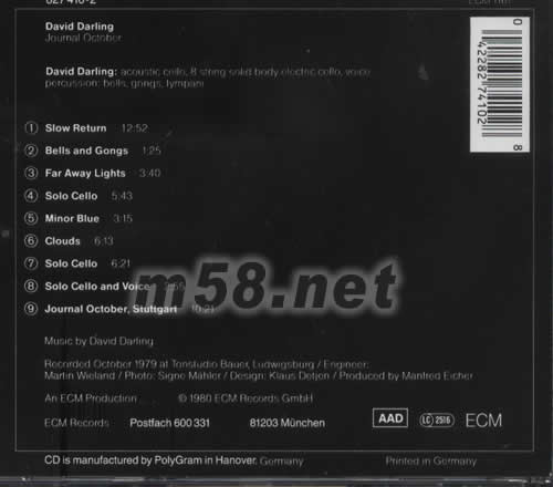 大衛(wèi)達伶 十月日志 David Darling / Journal October 大提琴獨奏專輯背面圖片