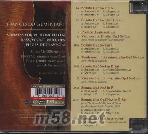 大提琴奏鳴曲GEMINIANI CELLO SONATAS SACD專輯背面圖片