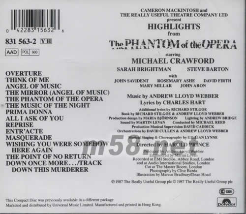 HIGHLIGHTS FROM THE PHANTOM OF THE OPERA歌劇魅影專輯背面圖片