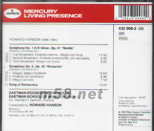 HANSON CONDUCTS HANSON漢森交響曲1、2專(zhuān)輯背面圖片