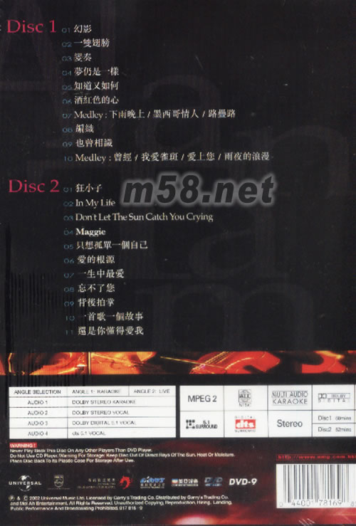 港樂·Alan Live 2002卡拉OKDVD專輯背面圖片