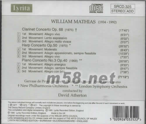 WILLIAM MATHIAS單簧管 豎琴 鋼琴協(xié)奏曲專輯背面圖片