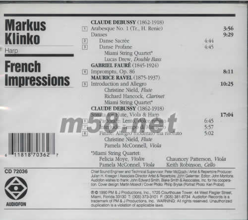 MARKUS KLINDO HARP德彪西 豎琴專輯背面圖片