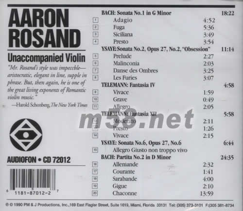 BACH TELEMANN YSAYE 無伴奏小提琴藝術專輯背面圖片