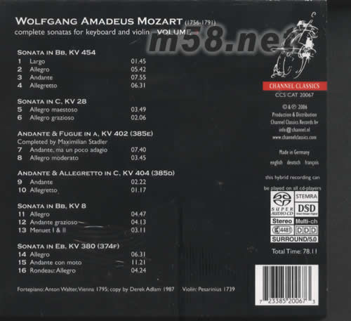 莫扎特小提琴與鋼琴奏鳴曲第三輯 W.A.Mozart complete sonatas for keyboard and violin Vol.3 SACD專輯背面圖片