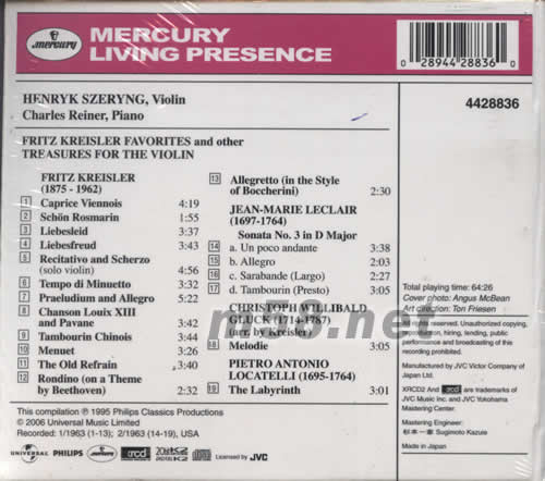 FRITZ KREISLER FAVORITES HENRYK SZERYNG XRCD專輯背面圖片