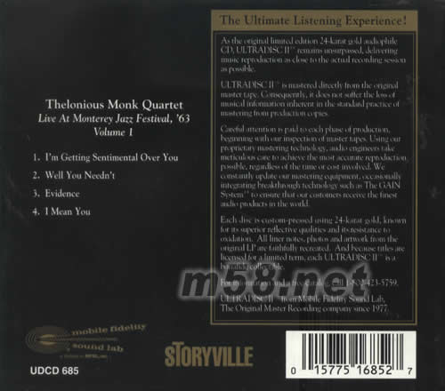 THE LONIOUS MONK QUARTET LIVE AT MONTEREY 24K金碟專輯背面圖片