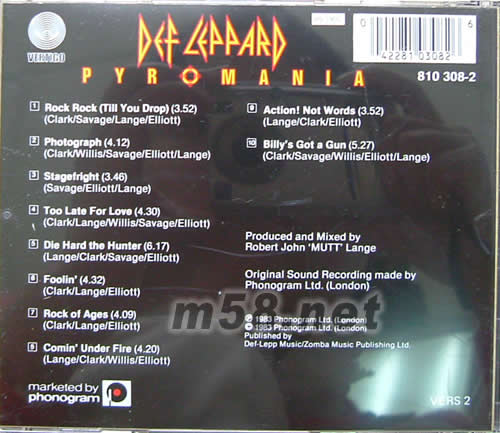 Pyromania (縱火狂)專輯背面圖片