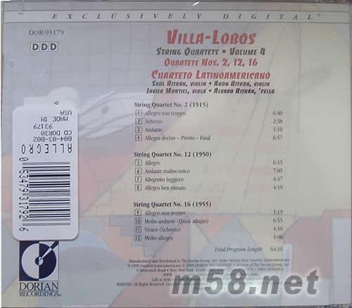 維拉羅柏斯 弦樂四重量奏 VILLA-LOBOS STRING QUARTETS VOL 4專輯背面圖片