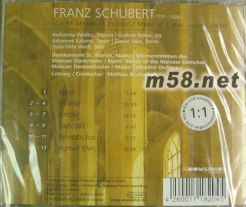 SCHUBERT: MASS IN E FLAT MAJOR, D950 原音天碟專輯背面圖片