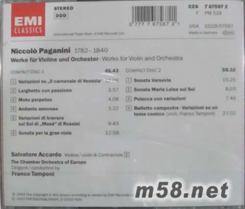 帕格尼尼小提琴(阿卡多與歐洲室內樂團演奏)綠色封面專輯背面圖片