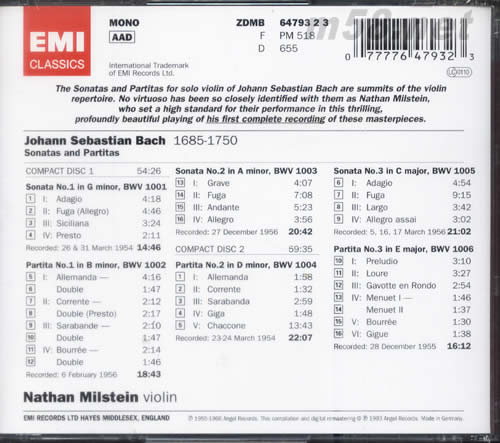 NATHAN MILSTEIN米爾斯坦小提琴演奏:巴赫奏鳴曲與組曲集專輯背面圖片