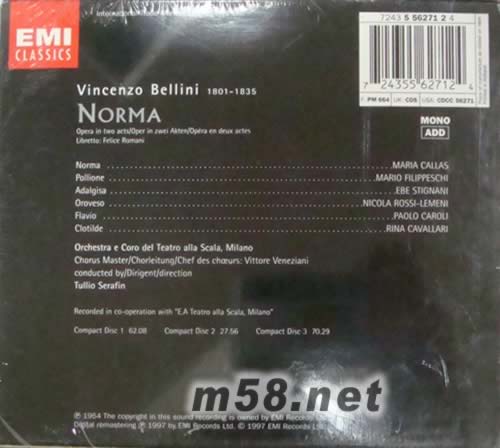 歌劇 諾瑪 貝里尼 諾爾曼NORMA(3CD套裝)專(zhuān)輯背面圖片