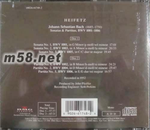 BACH:無伴奏小提琴奏鳴曲與組曲(GOLD SEAL系列)專輯背面圖片