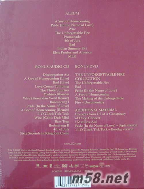 THE UNFORGETTABLE FIRE 2CD+DVD 歐州豪華版專輯背面圖片