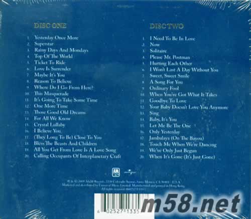 CARPENTERS 木匠樂(lè)隊(duì) 40周年白金精選專(zhuān)輯背面圖片