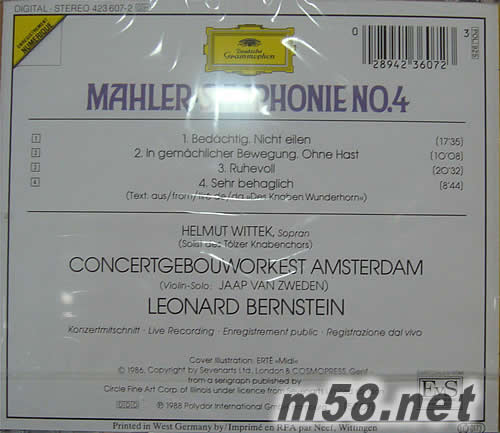 馬勒:第4交響曲 (指揮家 Leonard Bernstein)專輯背面圖片