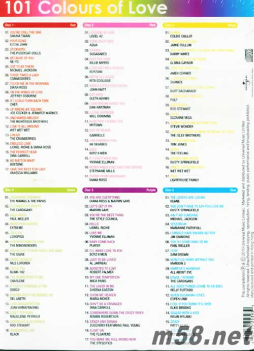 101 COLOURS OF LOVE 6 CD專輯背面圖片
