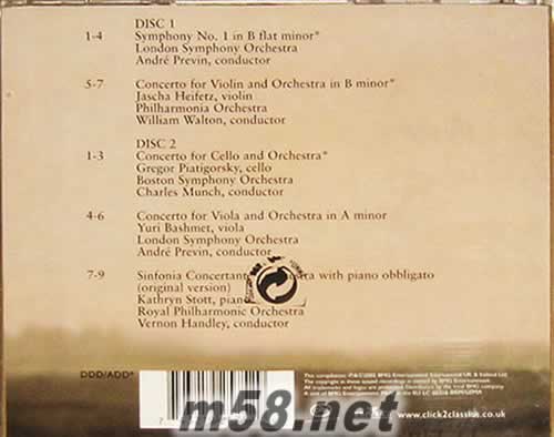 沃爾頓: 作品集/海菲茨 2CD專輯背面圖片