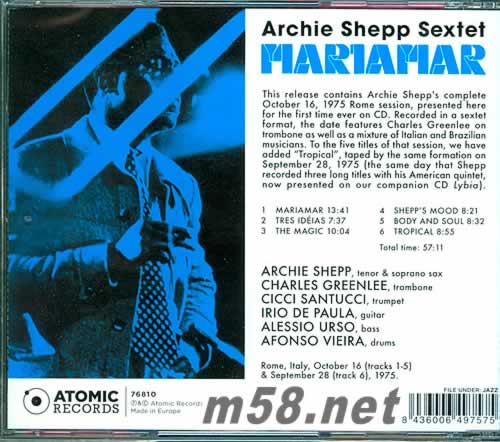 ARCHIE SEXTET SHEPP --Mariamar專輯背面圖片