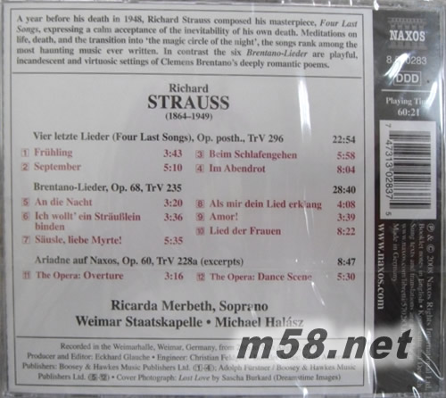 施特勞斯:四首終曲專輯背面圖片