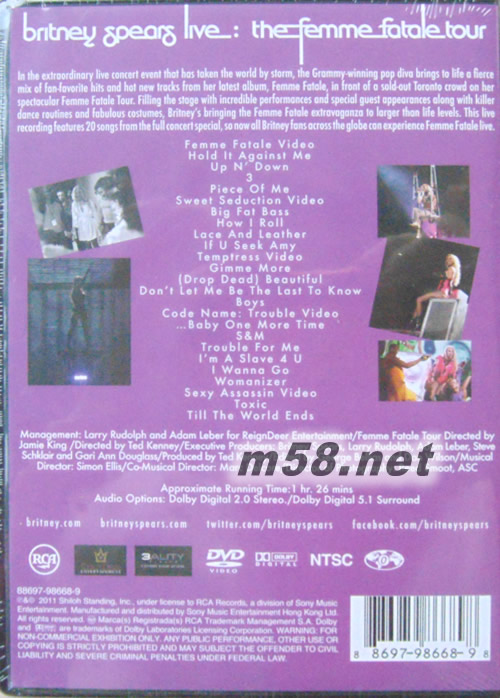 The Femme Fatale Tour 演唱會DVD 港版DVD背面圖片