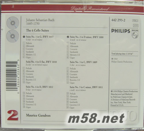 Maurice Gendron六個(gè)大提琴組曲THE 6 CELLO SUITES(PHILIPS系列老版)專輯背面圖片