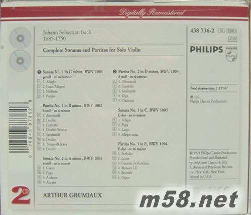 Bach Complete Sonatas and Partitas for Solo Violin無(wú)伴奏小提琴奏鳴曲與組曲(白色封面雙CD)專輯背面圖片