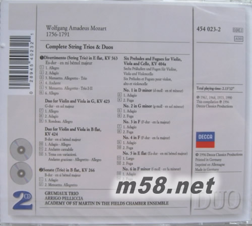 莫扎特:弦樂二重奏及三重奏全集COMPLETE STRING TRIO & DUOS(DECCA版)專輯背面圖片