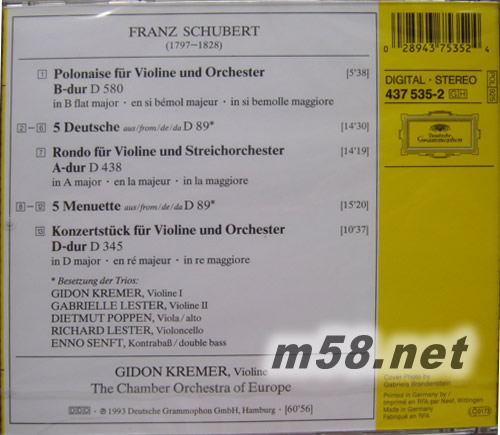 舒伯特的音樂(lè)盛宴 小提琴沙龍小品 克萊默小提琴Gidon Kremer - Schubert: Soirée專(zhuān)輯背面圖片