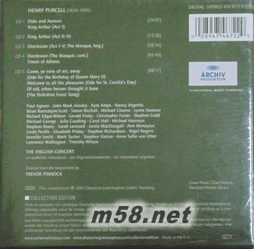 PURCELL 普賽爾:狄朵與阿尼亞尼&亞瑟王&迪奧克萊西恩&雅典的泰門&三首頌歌專輯背面圖片