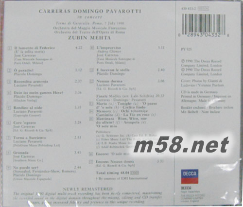 世紀聯演-1990年世界盃羅馬現場In Concert CARRERAS, DOMINGO, PAVAROTTI專輯背面圖片