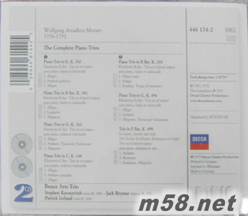莫扎特:鋼琴三重奏全集 單簧管三重奏MOZART THE COMPLETE PIANO TRIOS 白色封面雙CD專輯背面圖片