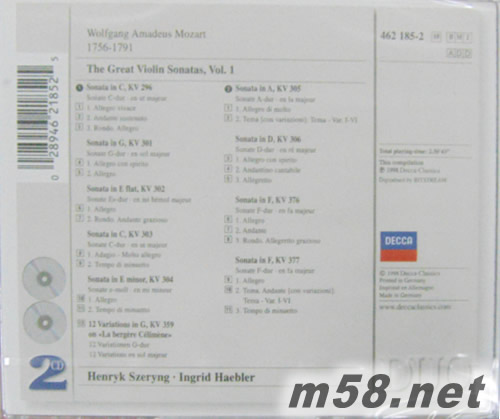 莫扎特:小提琴與鋼琴奏鳴曲集 I Mozart: Violin Sonatas I 白色封面雙CD專輯背面圖片