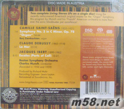 圣桑 第3交響曲 CAMILLE SAINT-SAENS SYMPHONY NO.3 (Living Stereo SACD特惠)專輯背面圖片