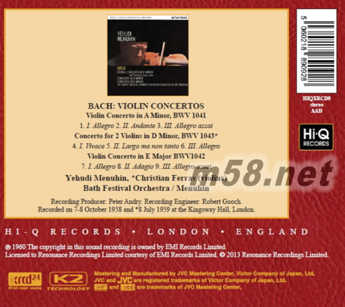 BACH: VIOLIN CONCERTOS XRCD專(zhuān)輯背面圖片