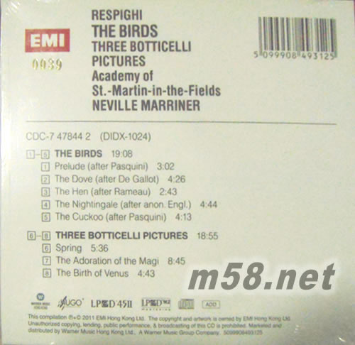 鳥 三張波提切利之畫作Respighi:The Birds three botticelli pictures marriner LPCD 45 限量版專輯背面圖片
