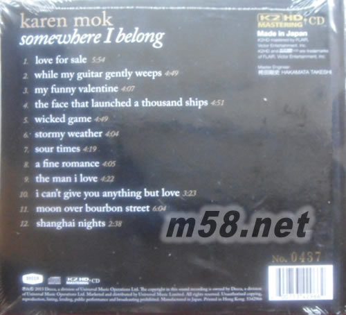 KAREN MOK Somewhere I Belong (環球K2HD黑色封面)專輯背面圖片