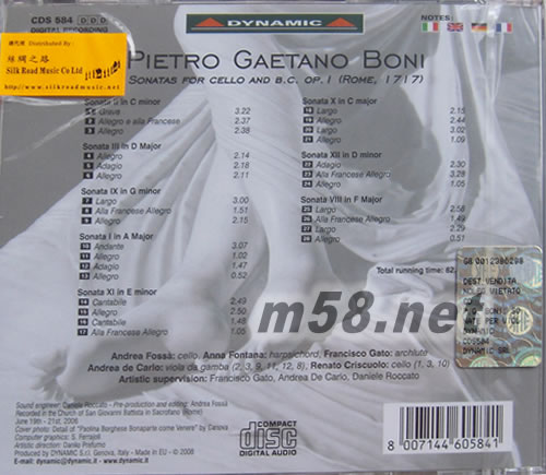 Pietro Gaetano Boni Sonatas for Cello and Basso Continuo Op.1 邦尼 大提琴及通奏低音奏鳴曲作品1專輯背面圖片