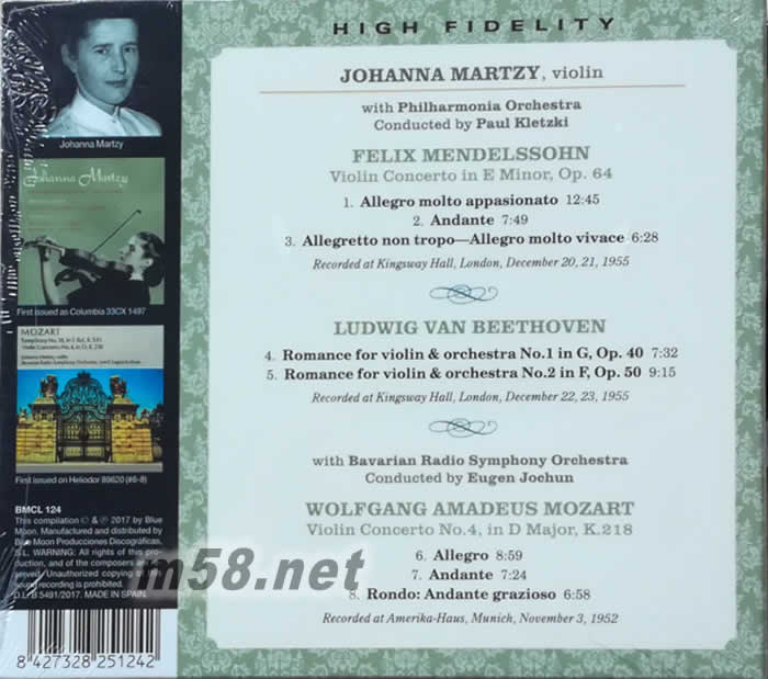門德爾松 貝多芬 莫扎特小提琴協奏曲 MENDELSSOHN VIOLIN CONCERTO IN E MINOR OP 64 琴鎖心魄專輯背面圖片