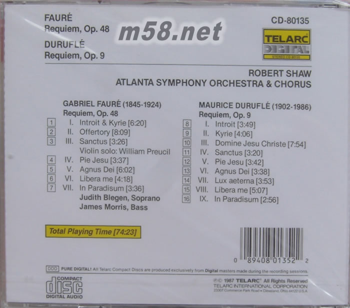 佛瑞 杜魯菲爾 安魂曲Faure Requiem, Op. 48 DURUFLE REQUIEM OP 9專輯背面圖片