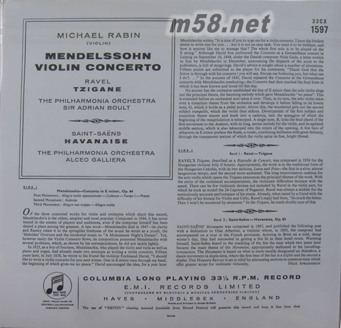 MENDELSSOHN VIOLIN CONCERTO 門(mén)德?tīng)査?小提琴協(xié)奏曲,拉威爾 黑膠專(zhuān)輯背面圖片