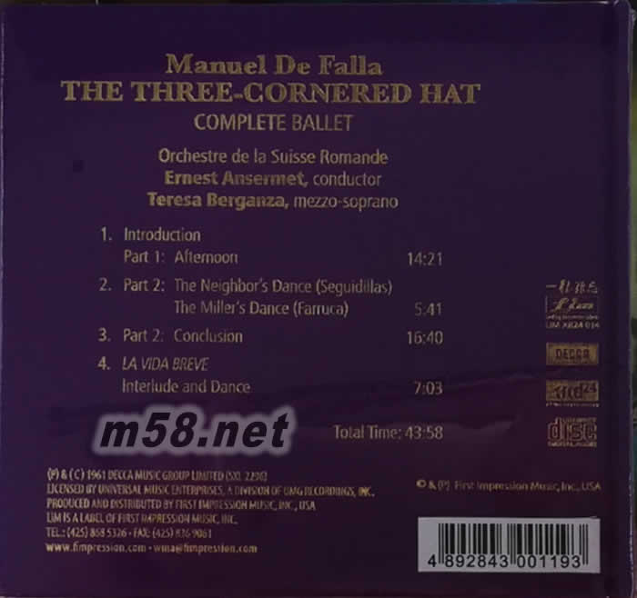MANUEL DE FALLA THE THREE-CORNERED HAT 法雅:三角帽 安塞美(紫色封面)專輯背面圖片