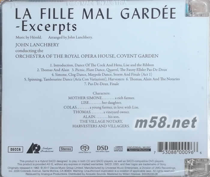 奶媽 LA FILLE MAL GARDEE EXCERPTS 園丁的女兒 立體聲名盤 SACD專輯背面圖片